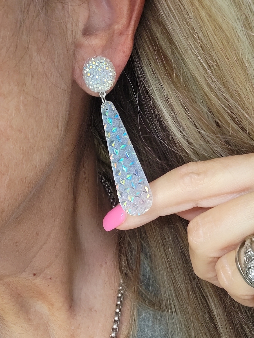 Unicorn Shimmer Iridescent Acrylic Drop Earrings - Sparkling Dangle Earrings - Picture 4 of 6